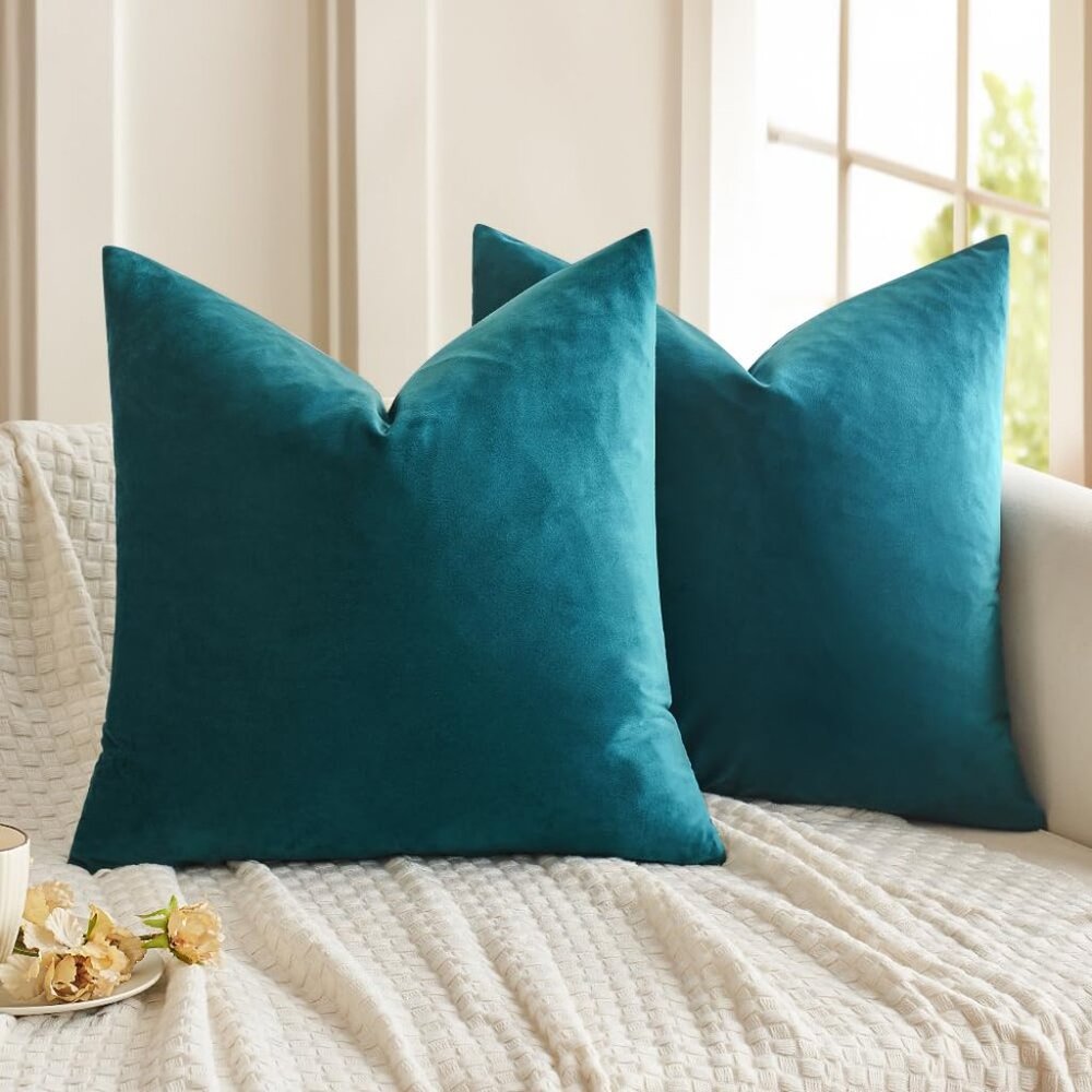 4pk 18x18" Teal/Cream Velvet Pillow Covers, Soft, for Couch/Sofa/Bed